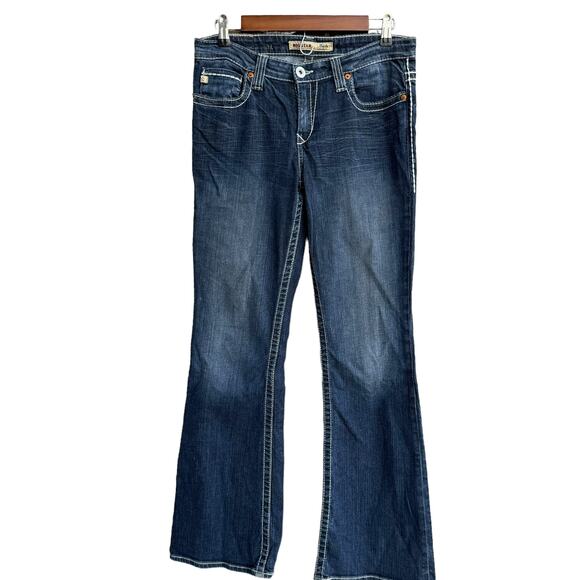 Big Star Maddie Women Blue Denim Mid Rise Dark Wash Flare Jeans Size 28R - Picture 1 of 11